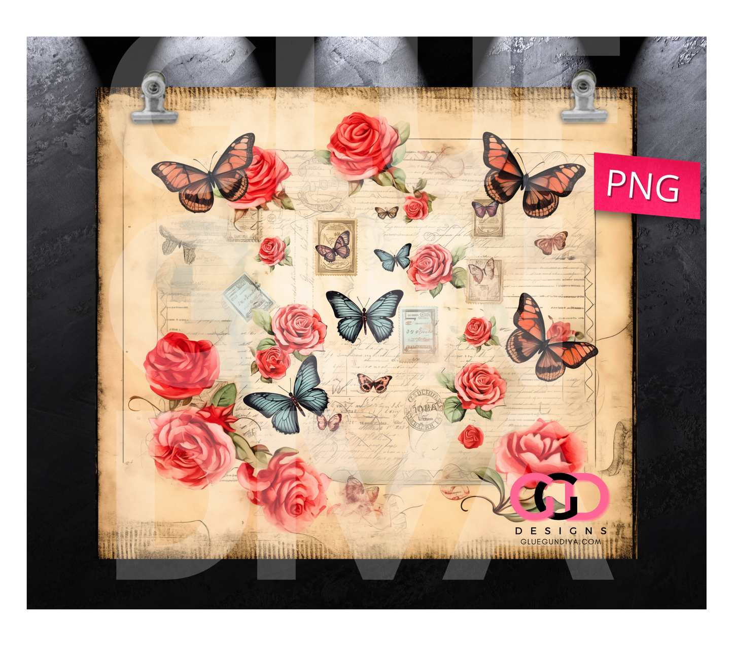 Vintage Roses and Stamps - Digital tumbler wrap for 20 oz skinny straight tumbler