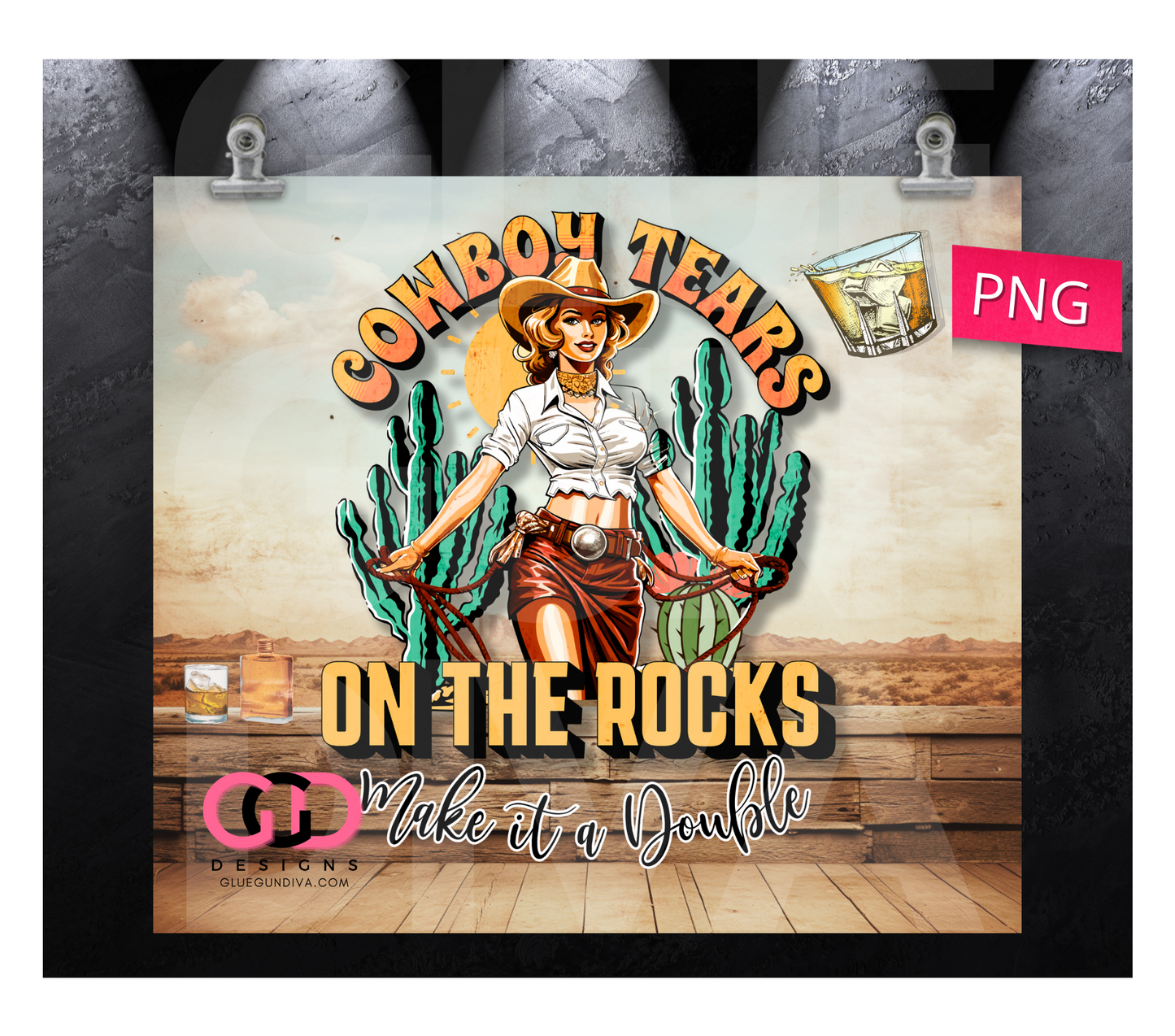 Cowboy Tears on the Rocks - Digital tumbler wrap for 20 oz skinny straight tumbler