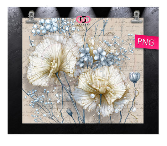 Creme Flowers Pearls Vintage - Digital tumbler wrap for 20 oz skinny straight tumbler