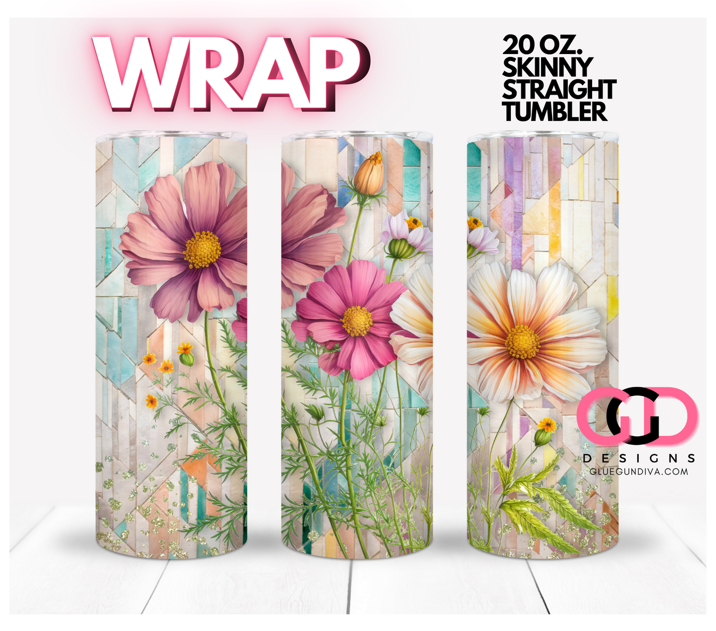 Three Wild Flowers - Digital tumbler wrap for 20 oz skinny straight tumbler