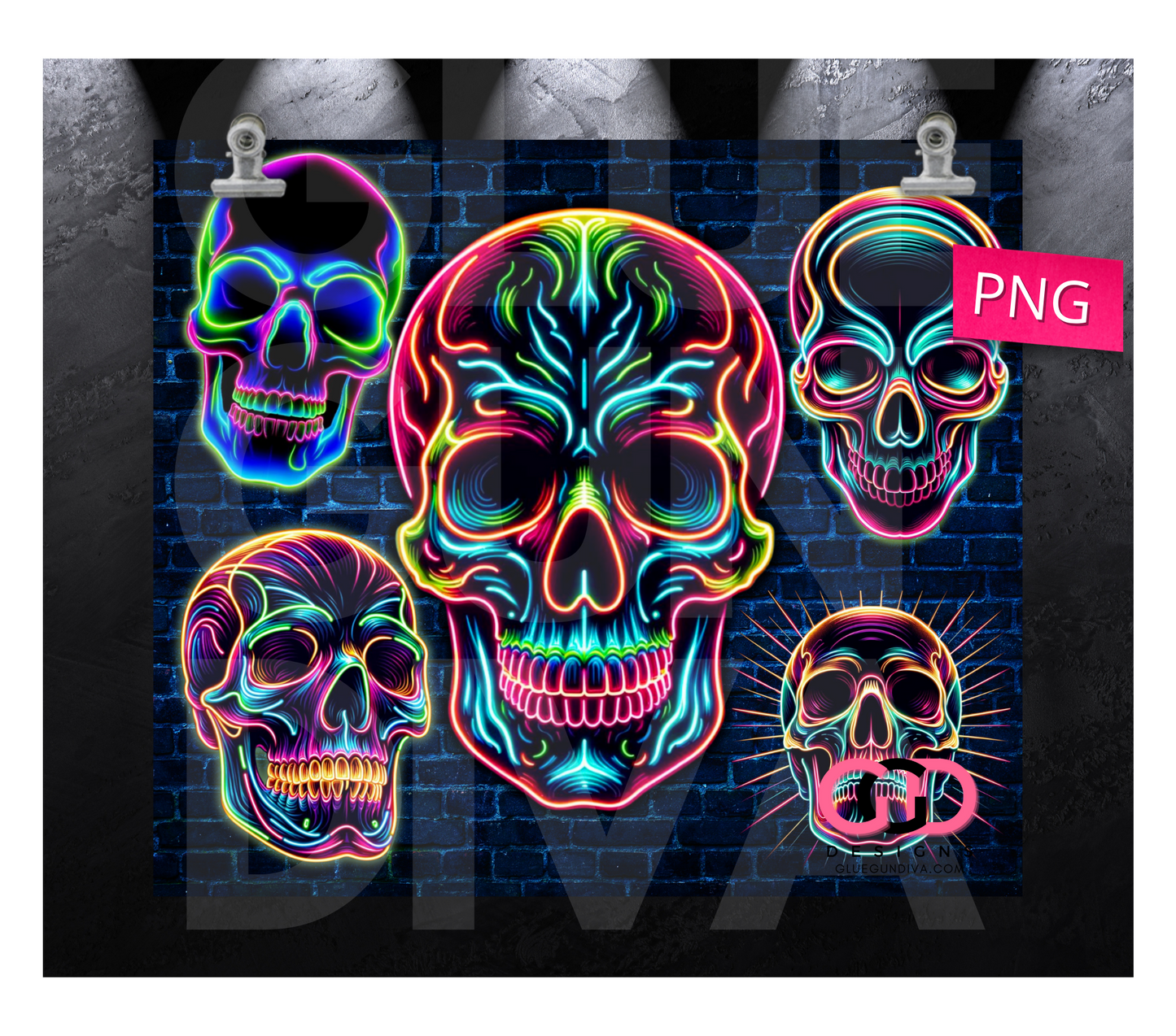 NEON SKULLS - Digital tumbler wrap for 20 oz skinny straight tumbler
