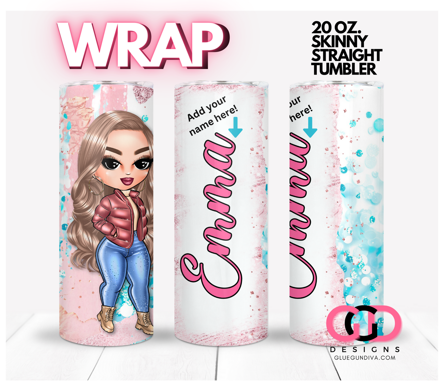 CHOOSE your Cute Girl Puffy Jacket with space for name- Digital tumbler wrap for 20 oz skinny straight tumbler