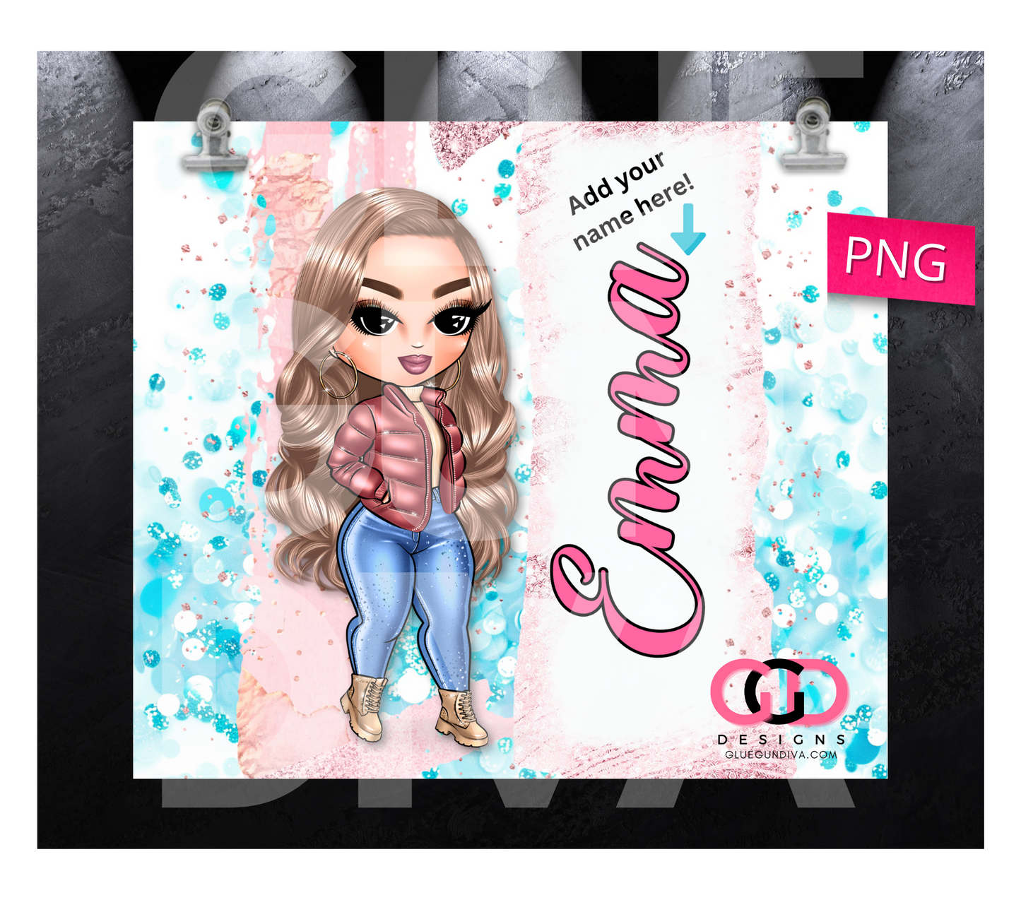 CHOOSE your Cute Girl Puffy Jacket with space for name- Digital tumbler wrap for 20 oz skinny straight tumbler