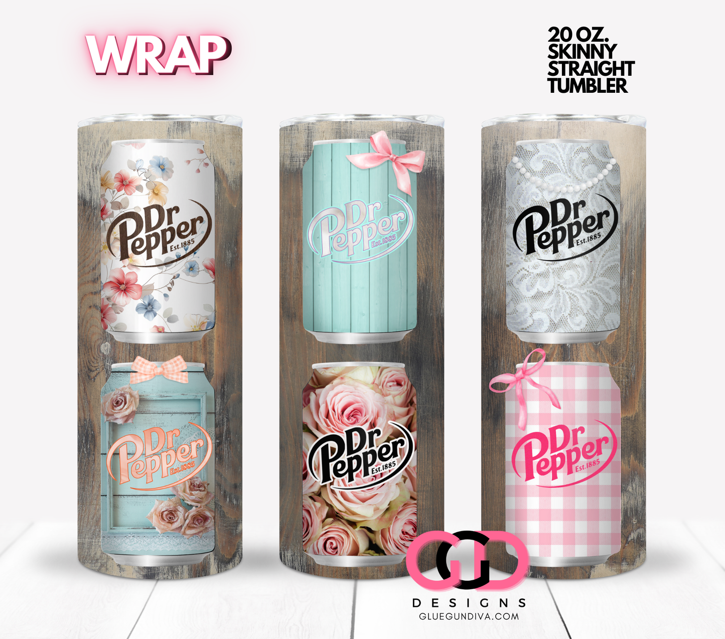 Shabby Chic Dr Pepper- Digital tumbler wrap for 20 oz skinny straight tumbler