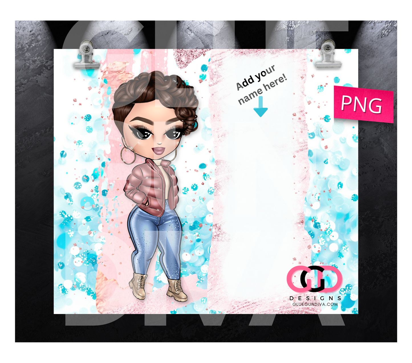 CHOOSE your Cute Girl Puffy Jacket with space for name- Digital tumbler wrap for 20 oz skinny straight tumbler