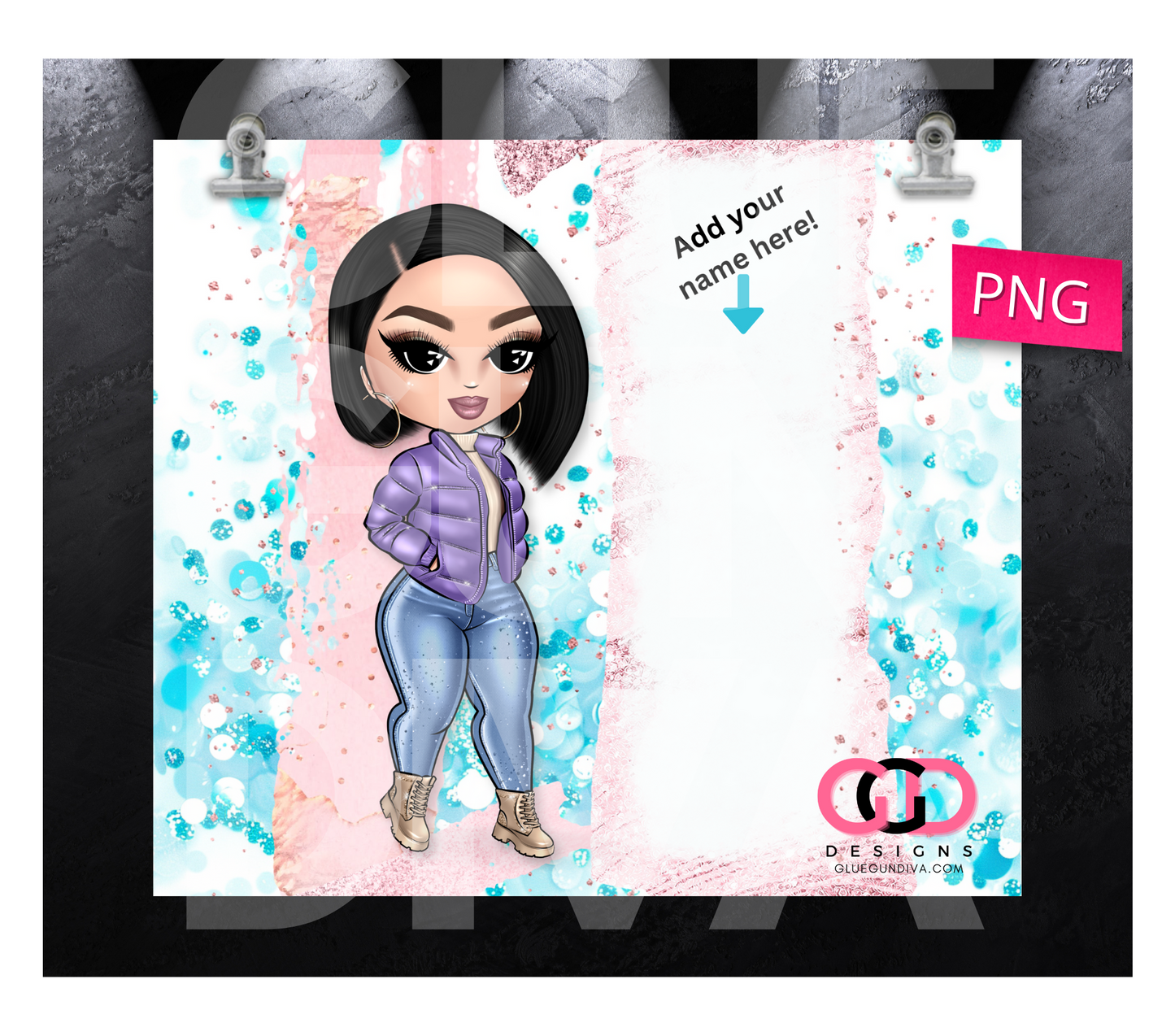 CHOOSE your Cute Girl Puffy Jacket with space for name- Digital tumbler wrap for 20 oz skinny straight tumbler
