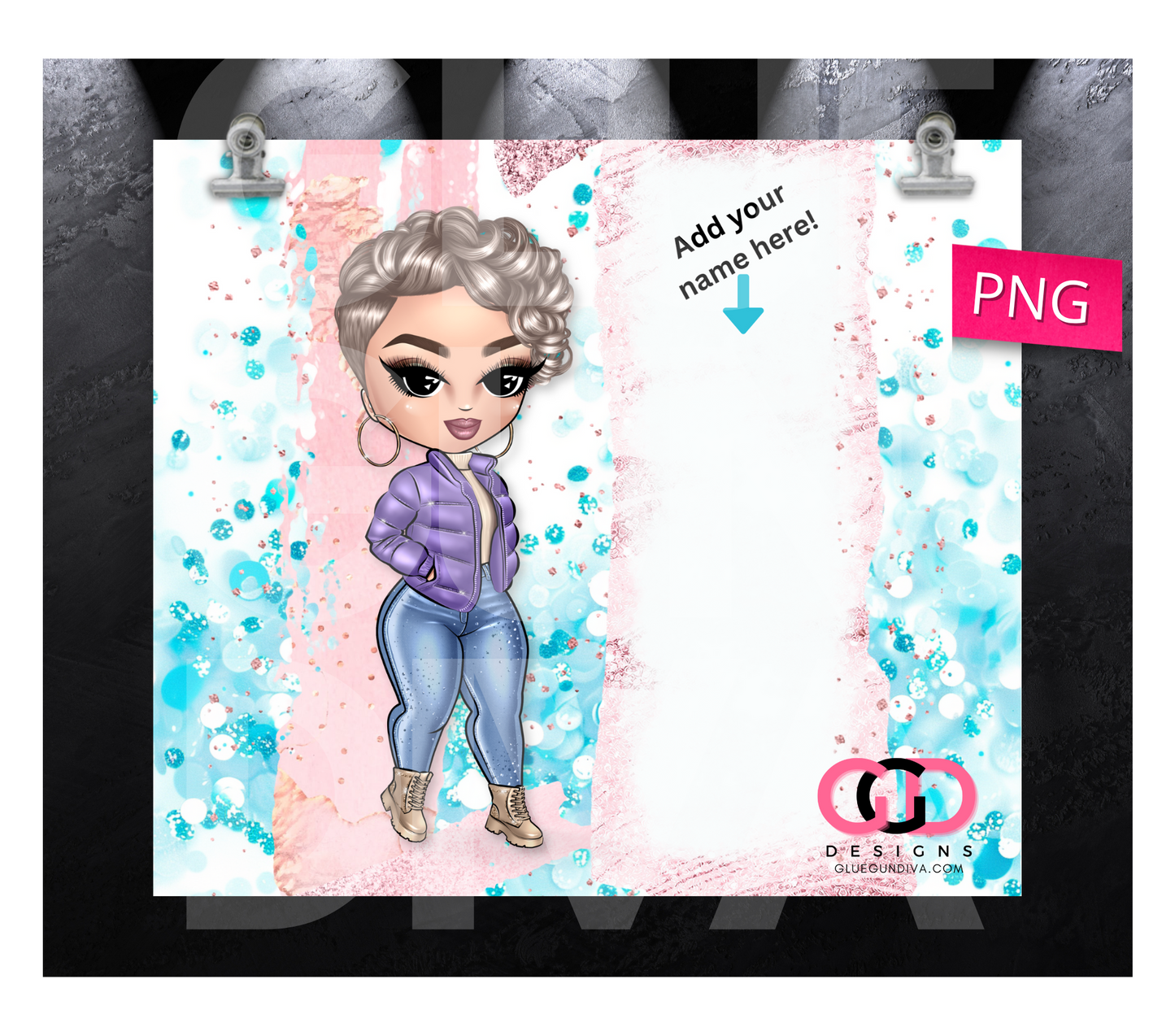 CHOOSE your Cute Girl Puffy Jacket with space for name- Digital tumbler wrap for 20 oz skinny straight tumbler