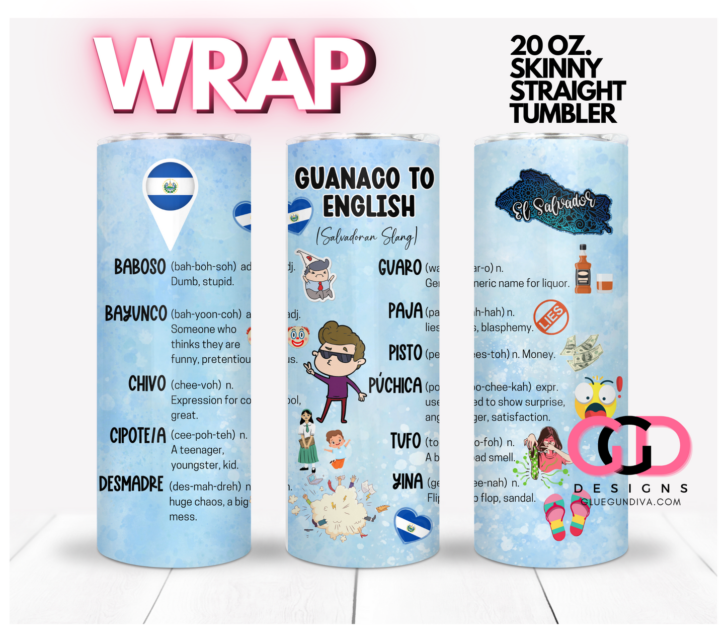 Guanaco to English El Salvador- Digital tumbler wrap for 20 oz skinny straight tumbler