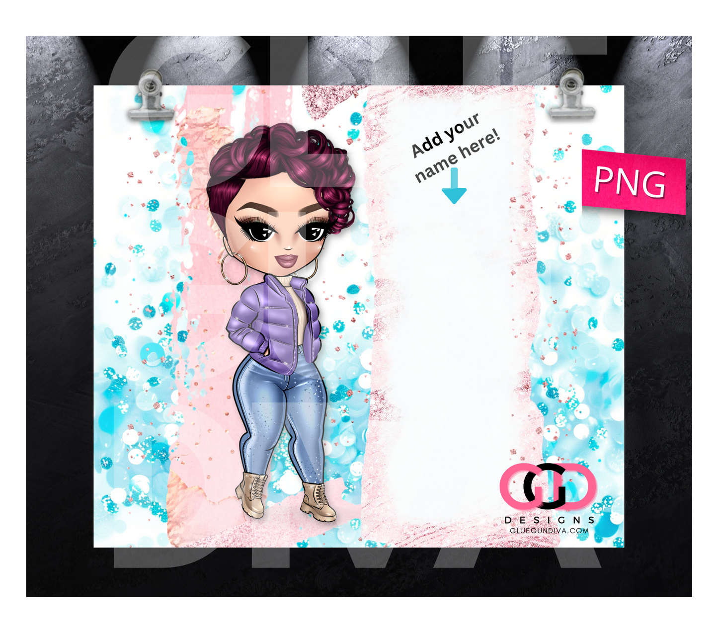 CHOOSE your Cute Girl Puffy Jacket with space for name- Digital tumbler wrap for 20 oz skinny straight tumbler