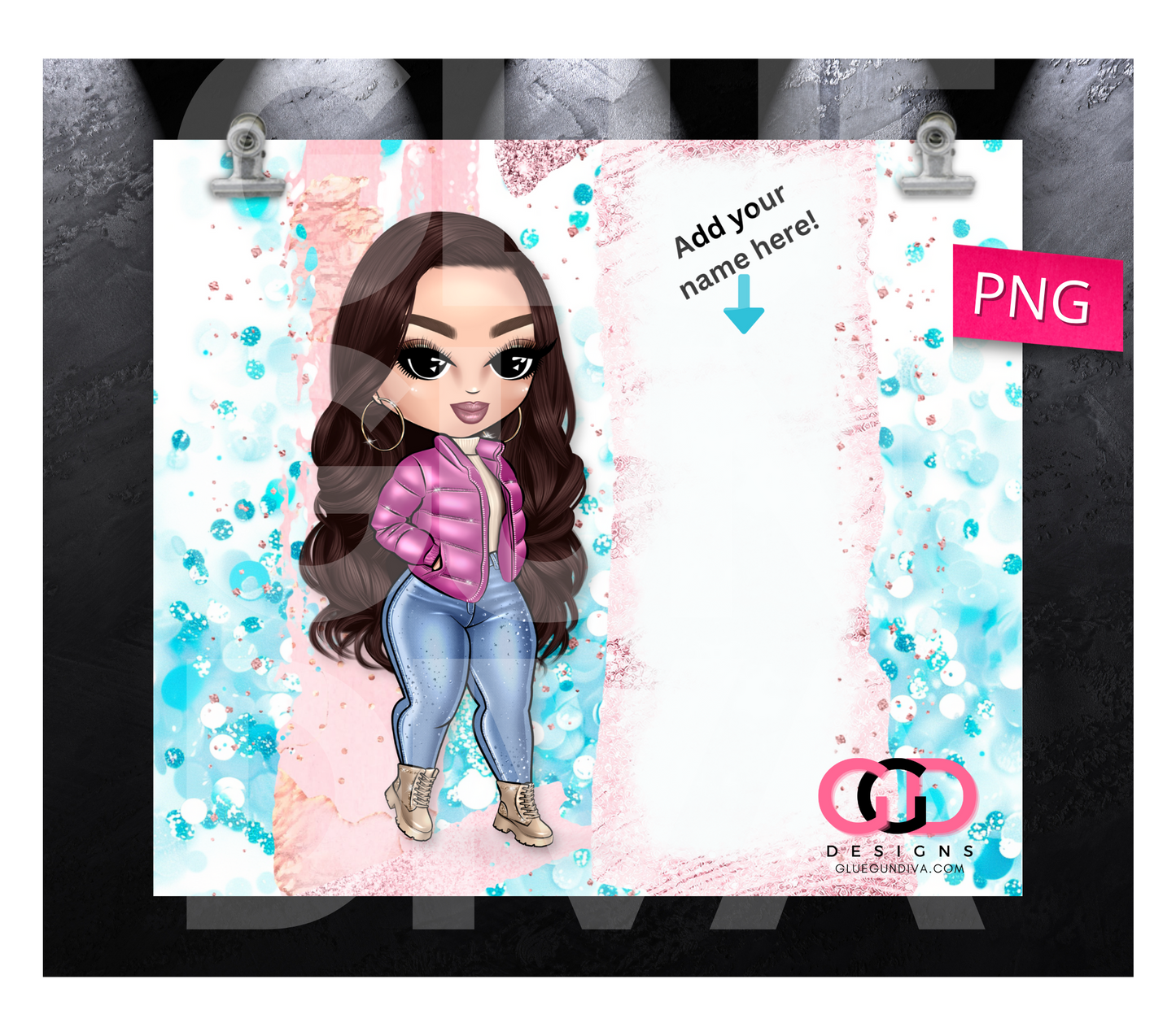CHOOSE your Cute Girl Puffy Jacket with space for name- Digital tumbler wrap for 20 oz skinny straight tumbler