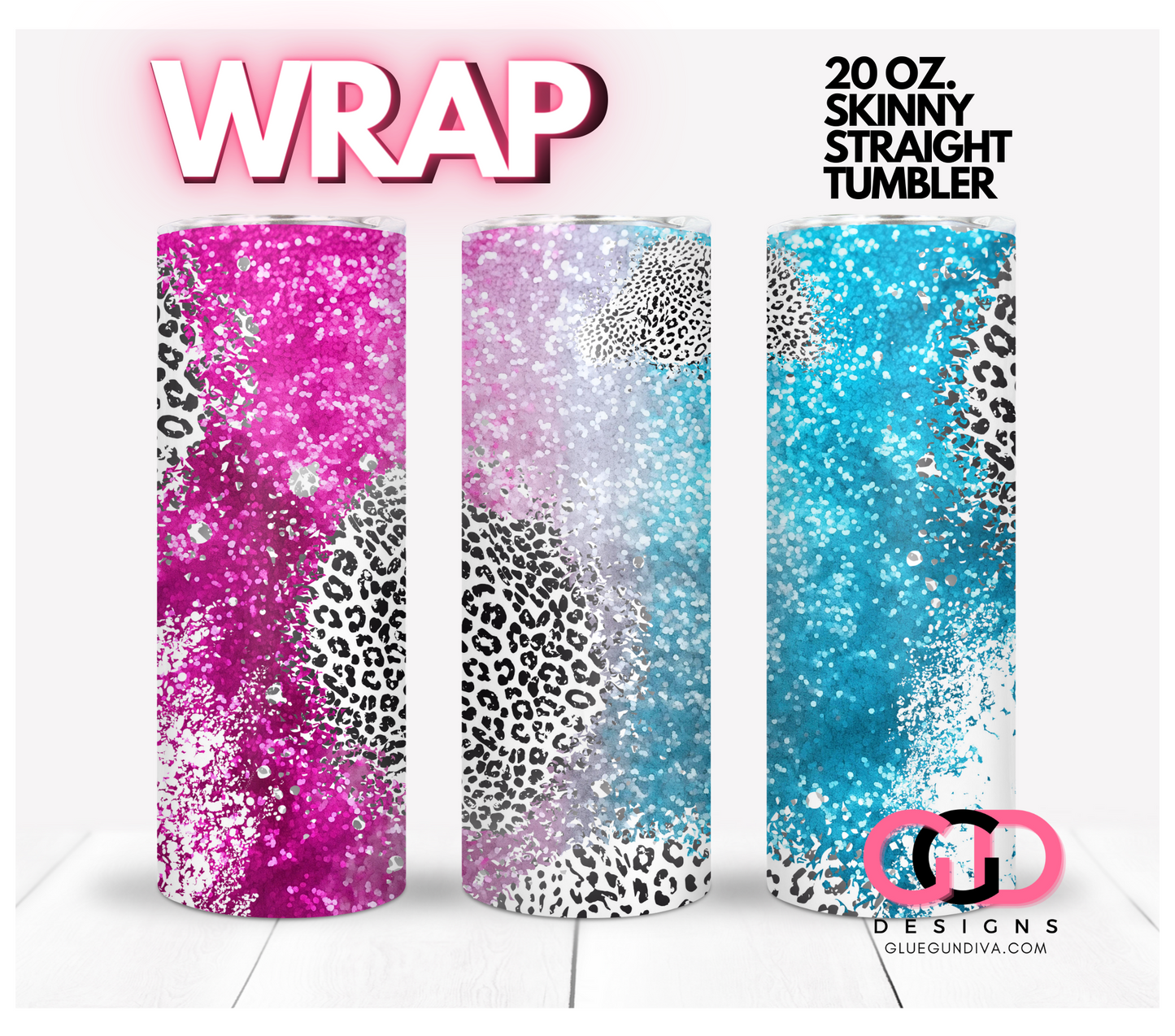 Pink Blue Glitter and Leopard- Digital tumbler wrap for 20 oz skinny straight tumbler