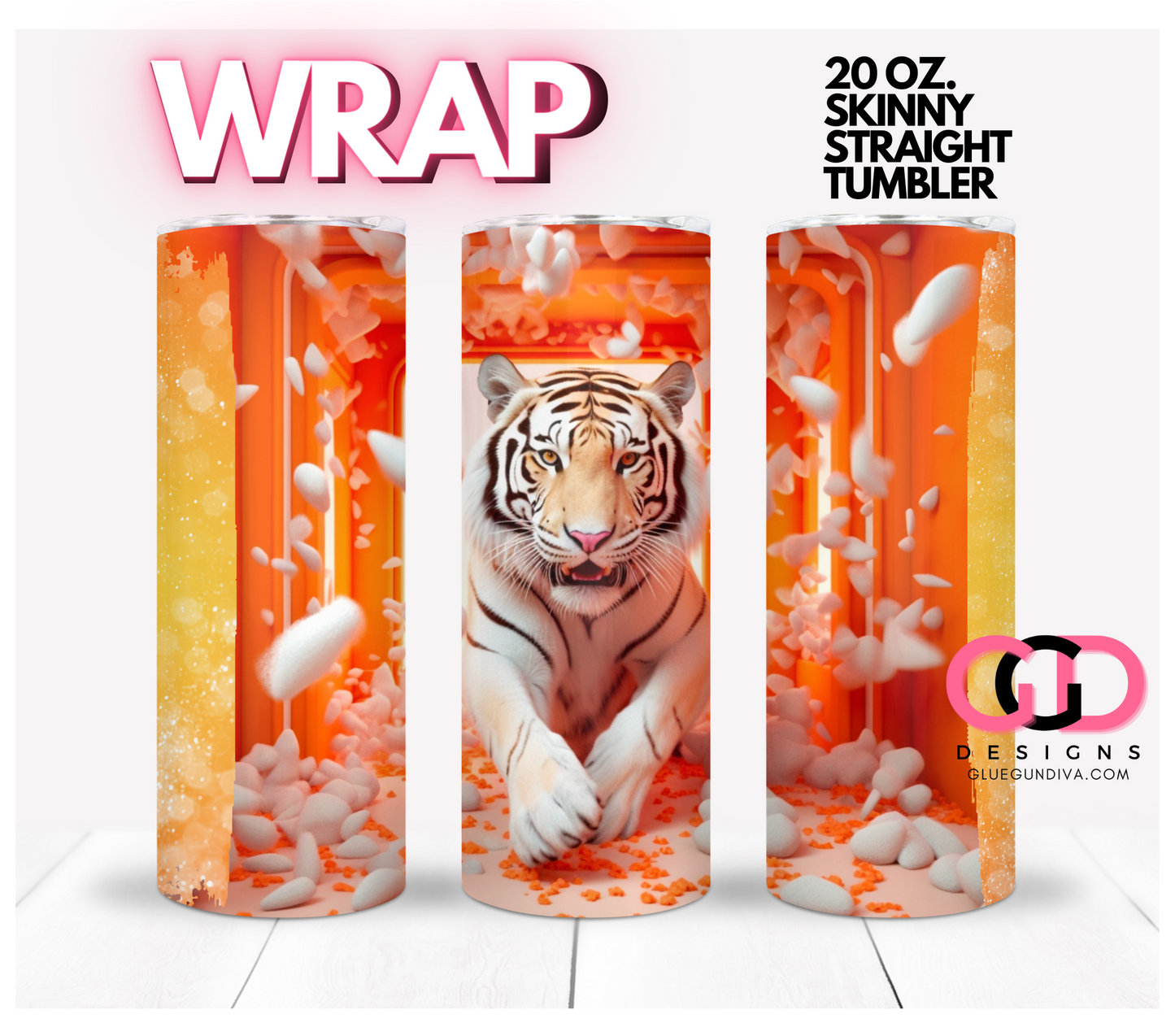 White Tiger 3D- Digital tumbler wrap for 20 oz skinny straight tumbler
