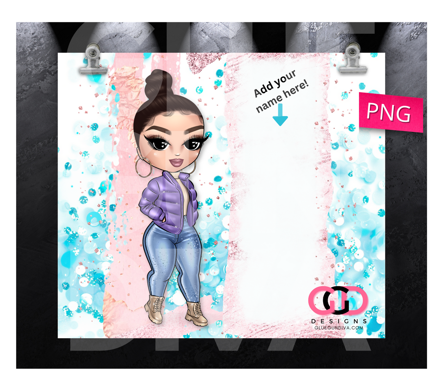 CHOOSE your Cute Girl Puffy Jacket with space for name- Digital tumbler wrap for 20 oz skinny straight tumbler