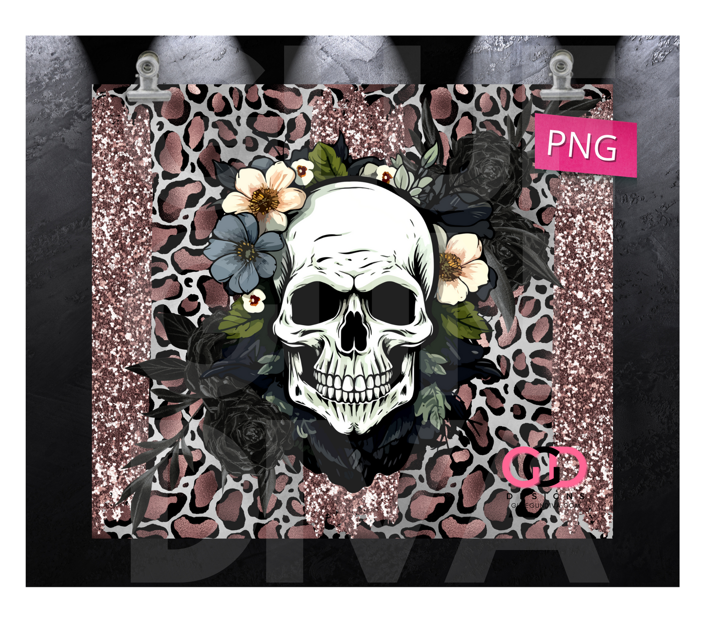 Skull Flowers and Animal Print- Digital tumbler wrap for 20 oz skinny straight tumbler