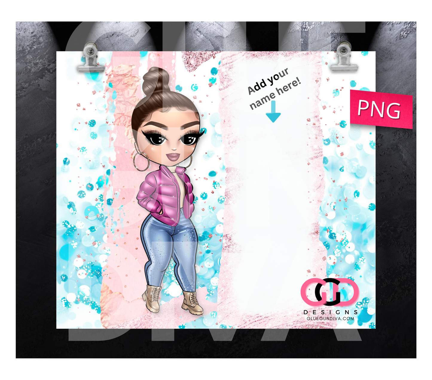 CHOOSE your Cute Girl Puffy Jacket with space for name- Digital tumbler wrap for 20 oz skinny straight tumbler