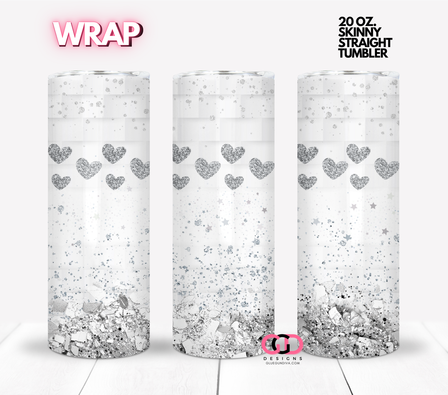 White and Silver Glitter Collage- Digital tumbler wrap for 20 oz skinny straight tumbler