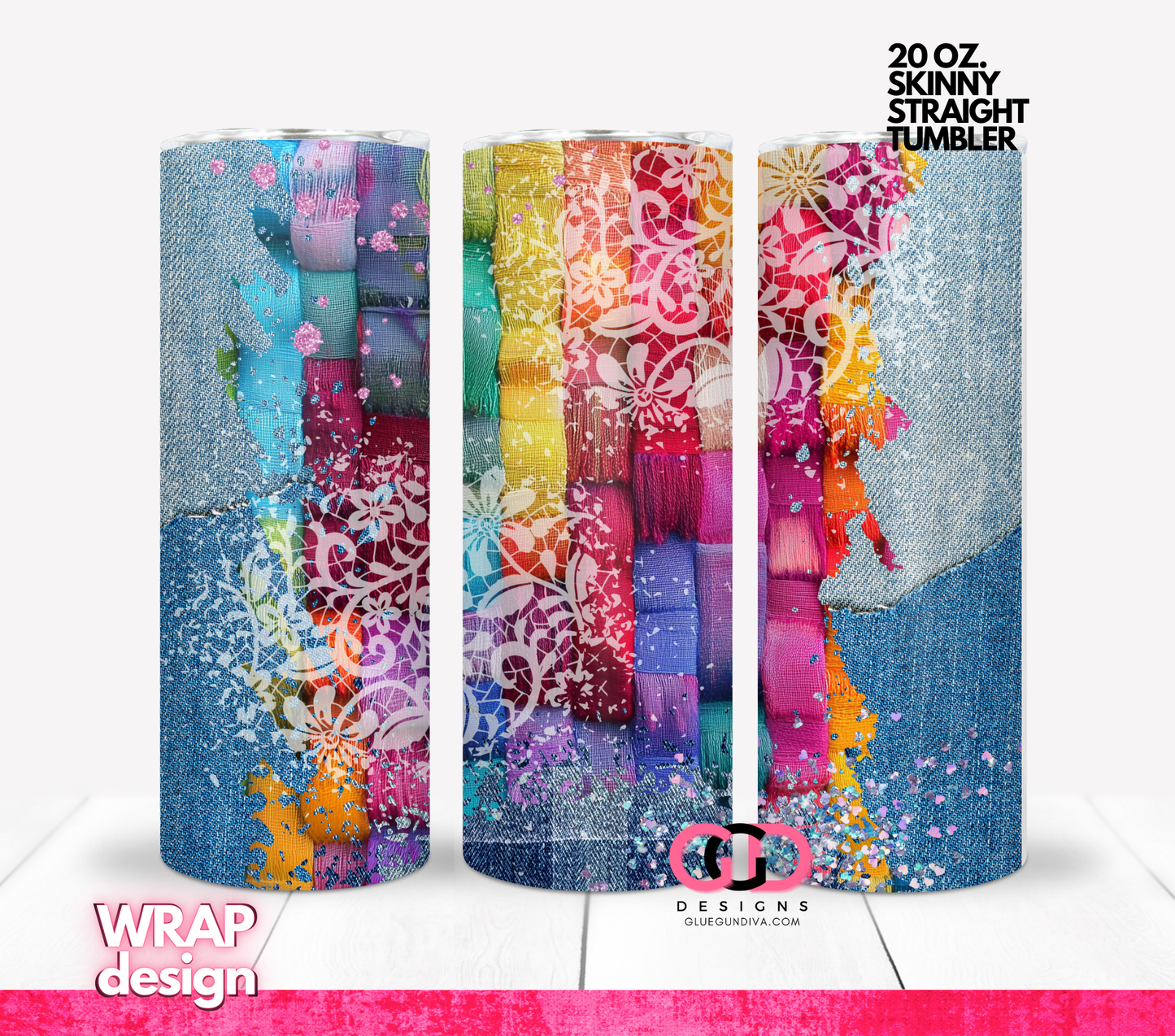 Color Fibers and Lace Denim - Digital tumbler wrap for 20 oz skinny straight tumbler