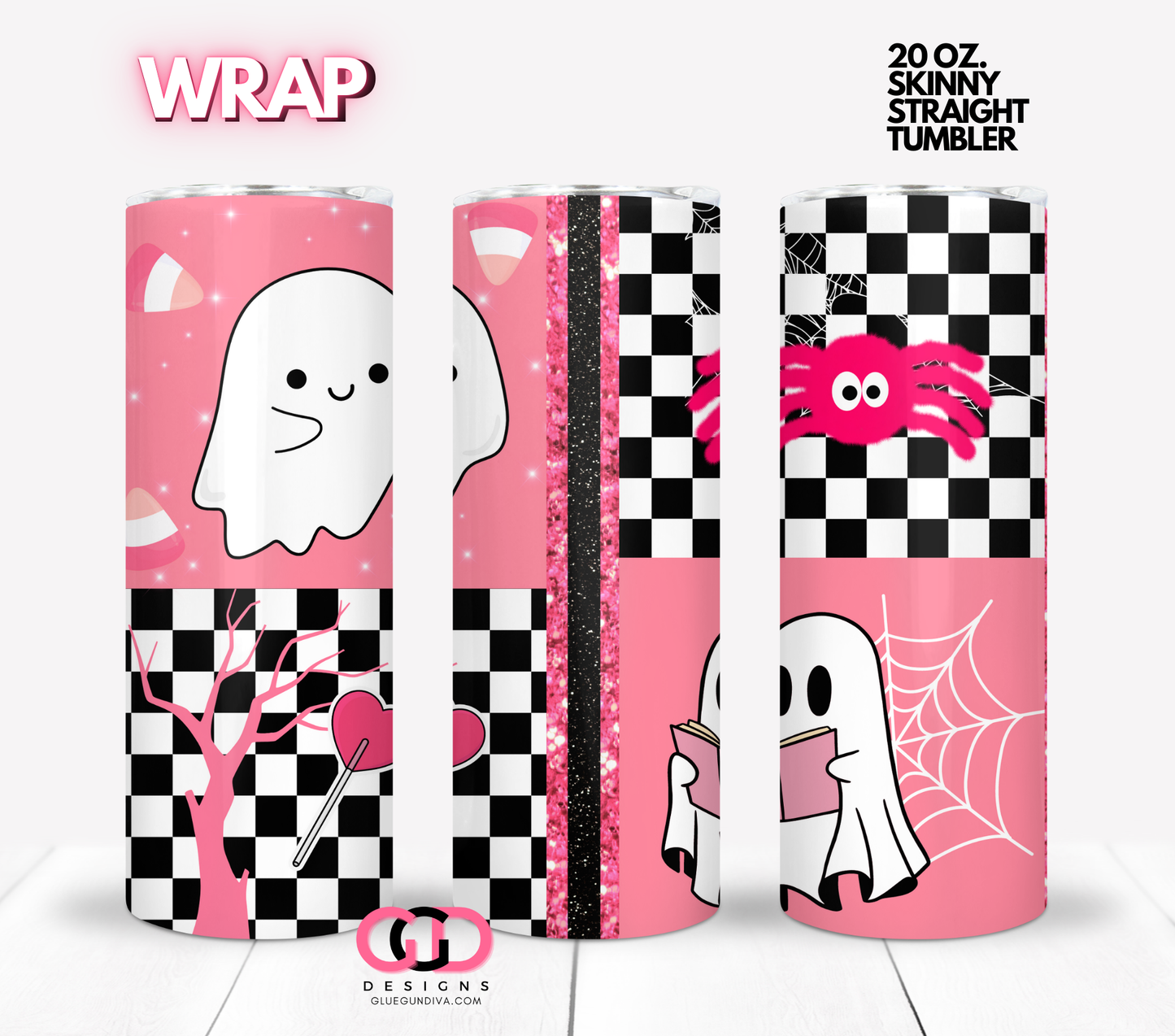 Happy Ghouls in Pink - Digital tumbler wrap for 20 oz skinny straight tumbler