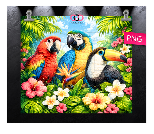 Tropical Birds Scene - Digital tumbler wrap for 20 oz skinny straight tumbler