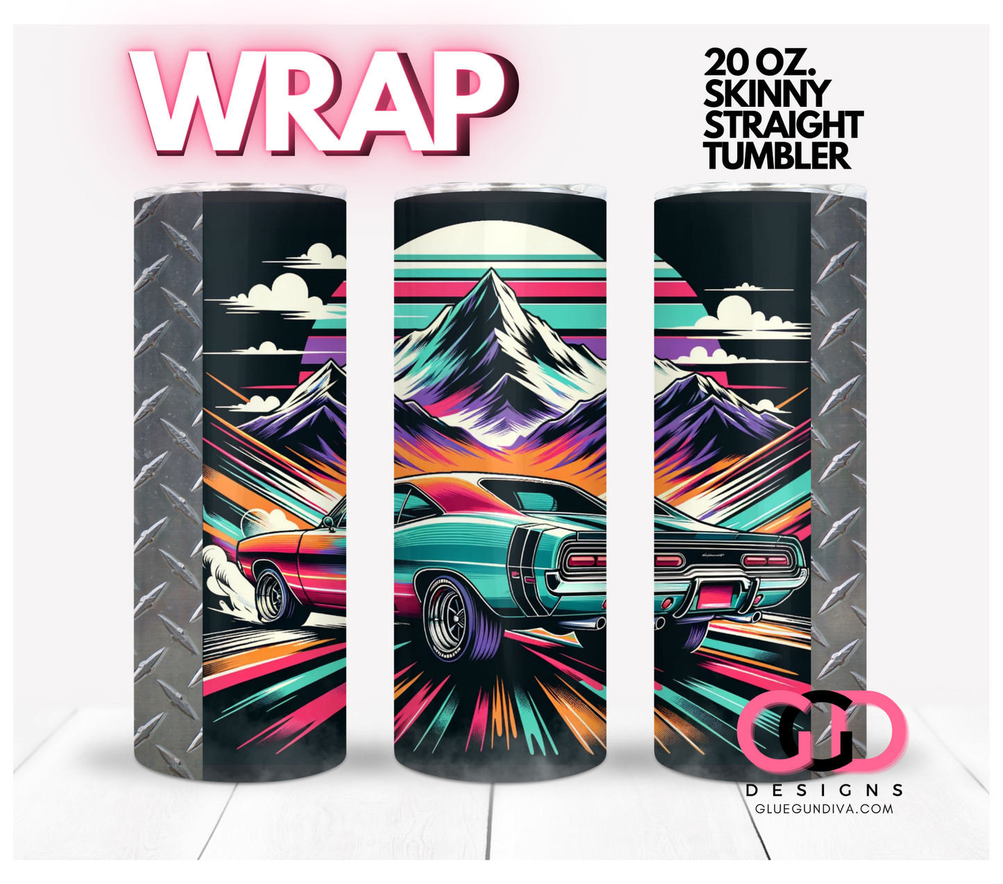 Muscle Car and Mountains - Digital tumbler wrap for 20 oz skinny straight tumbler