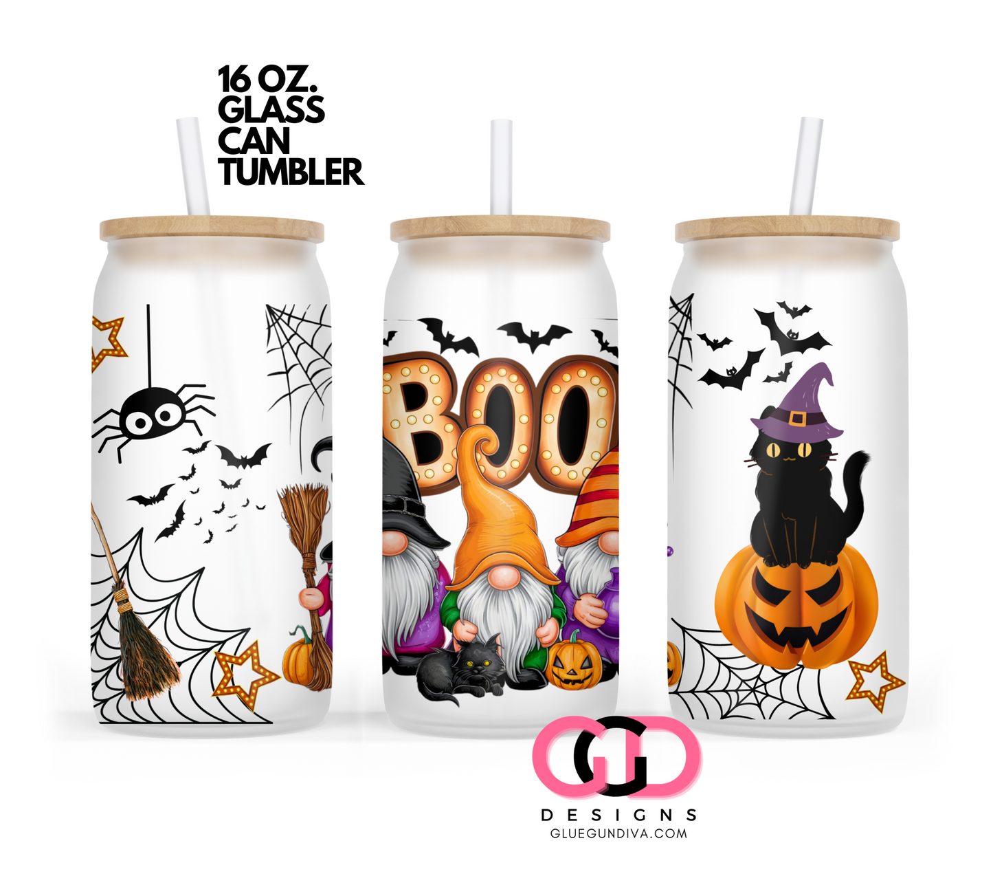 Boo Gnomes and bats- Digital wrap for 16 oz glass can