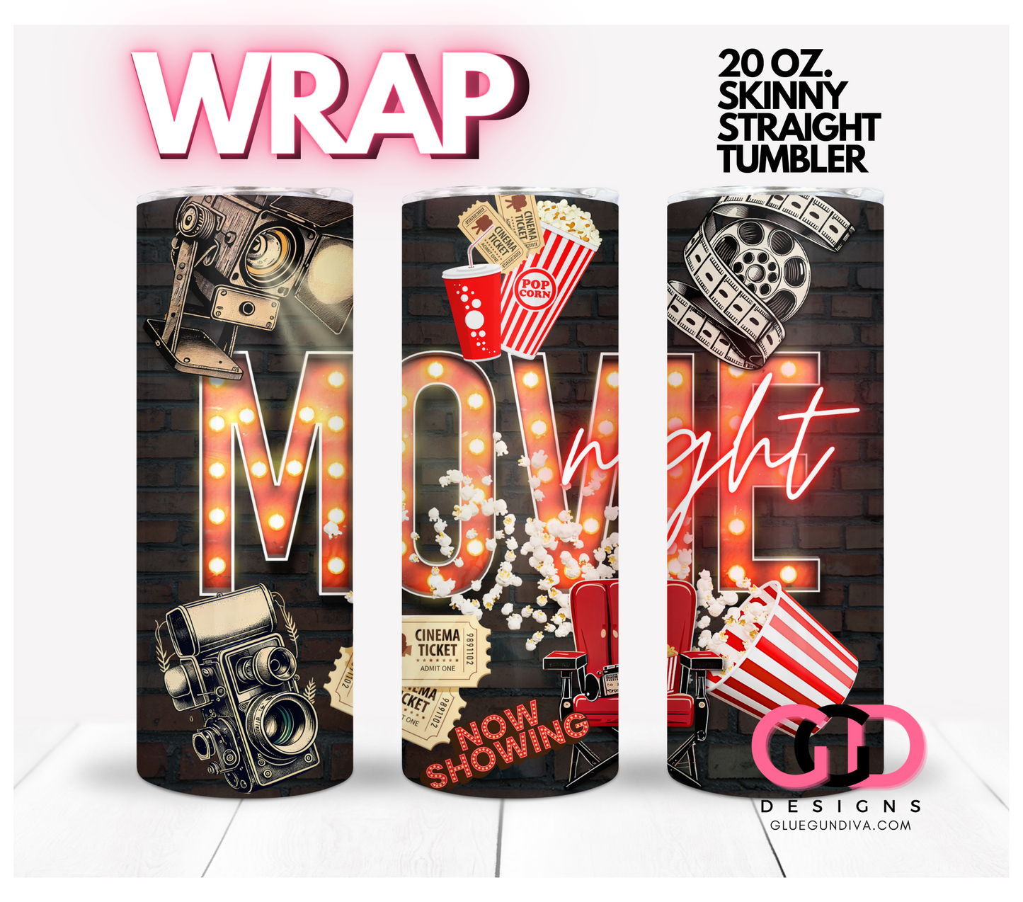 Cinema Movie Night- Digital tumbler wrap for 20 oz skinny straight tumbler