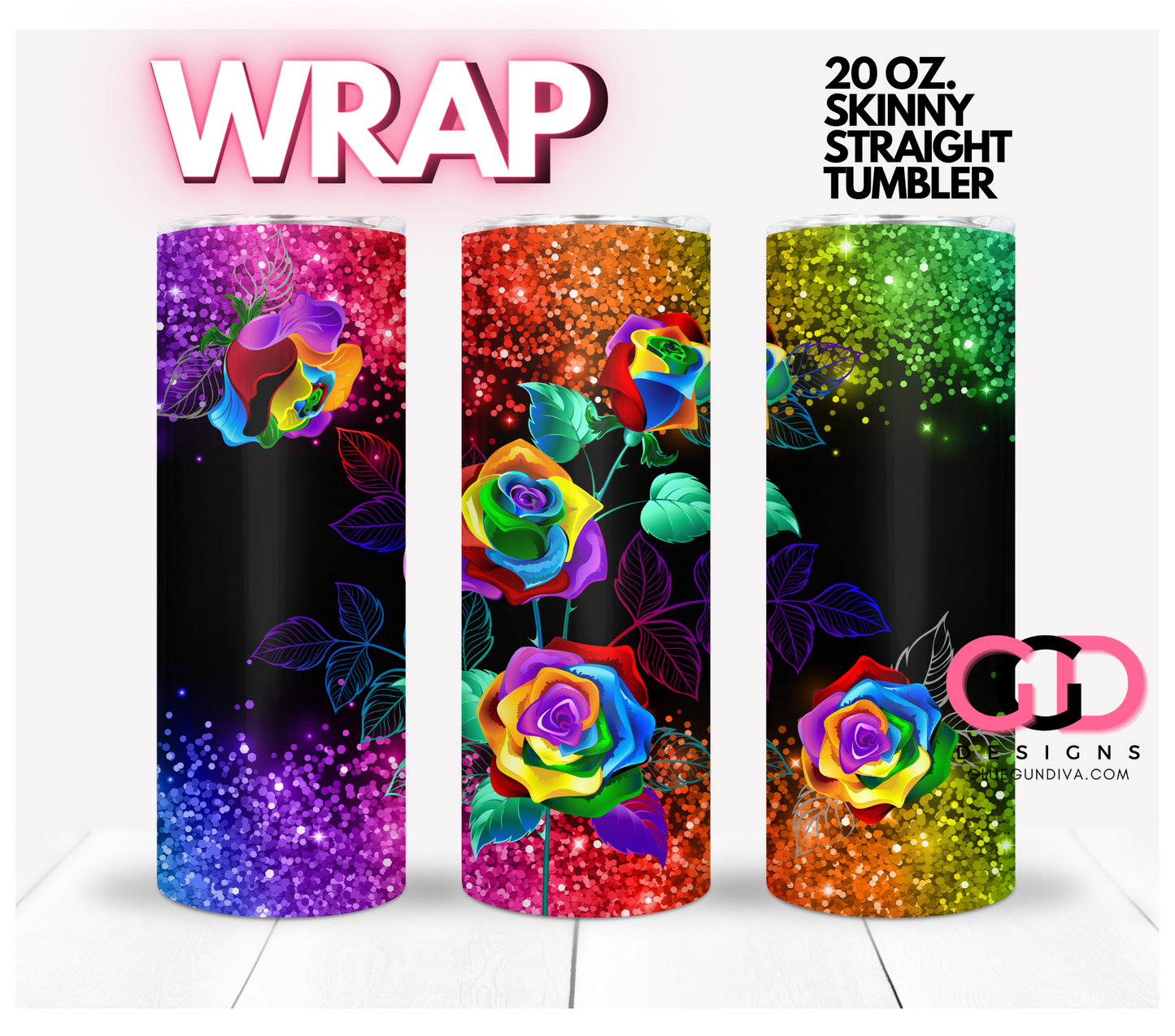 Rainbow Flowers- Digital tumbler wrap for 20 oz skinny straight tumbler