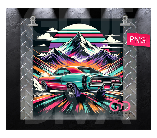 Muscle Car and Mountains - Digital tumbler wrap for 20 oz skinny straight tumbler