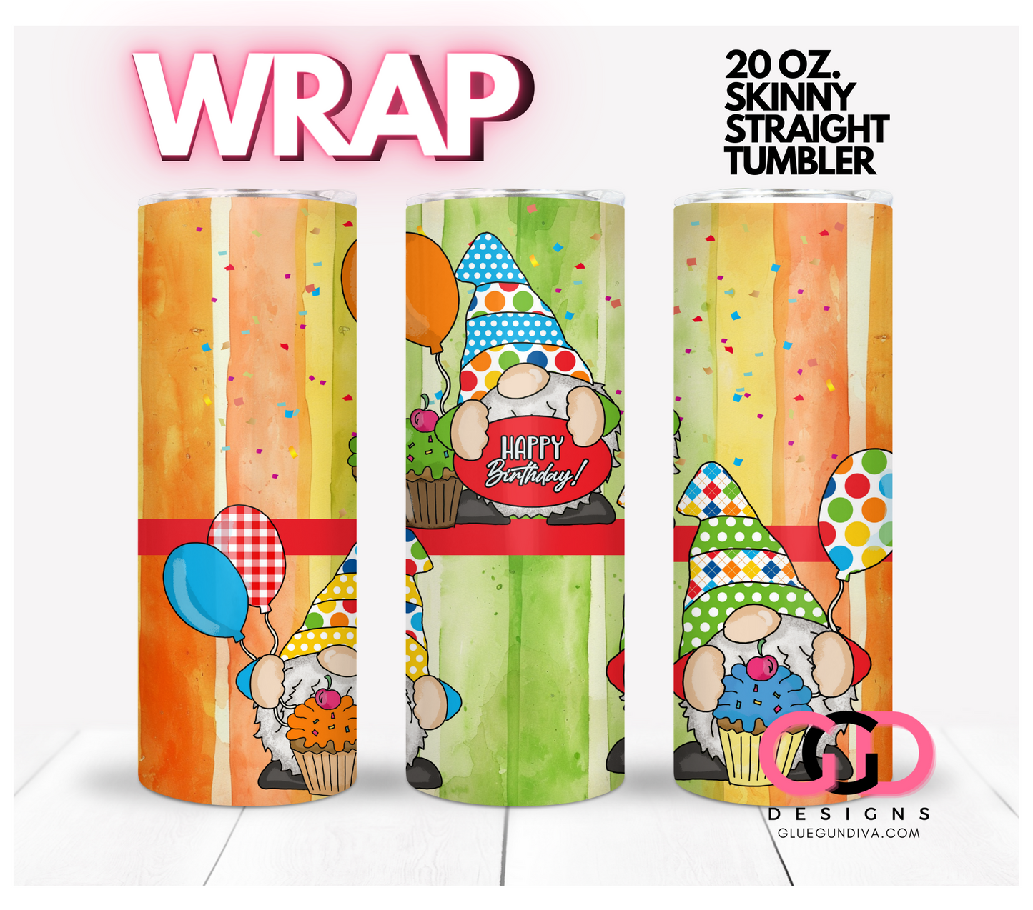 Happy Birthday Gnomes colorful - Digital tumbler wrap for 20 oz skinny straight tumbler