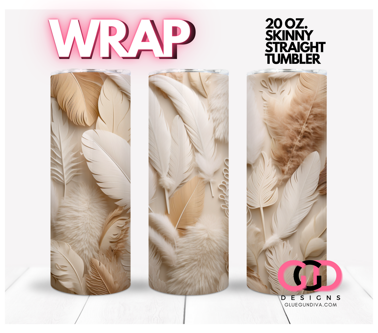 3D Boho Feathers- Digital tumbler wrap for 20 oz skinny straight tumbler