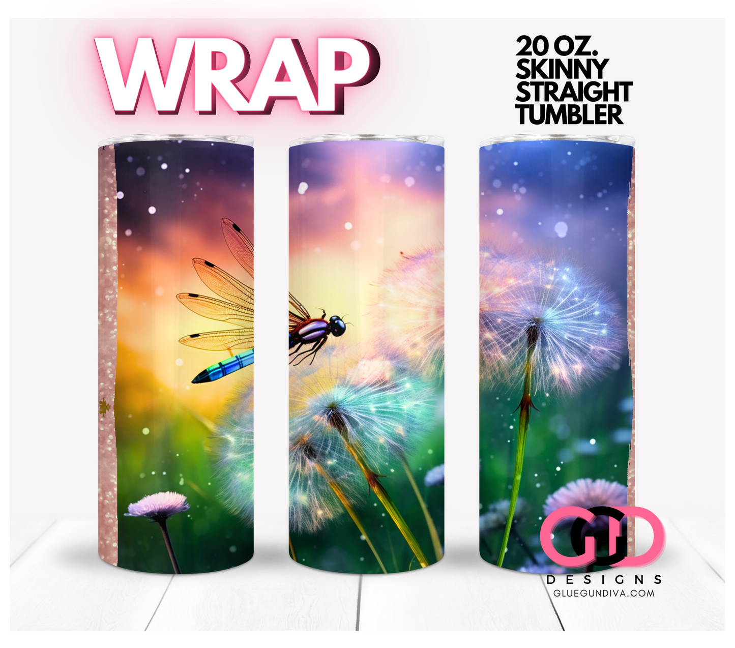 Dragonfly and Dandelions- Digital tumbler wrap for 20 oz skinny straight tumbler
