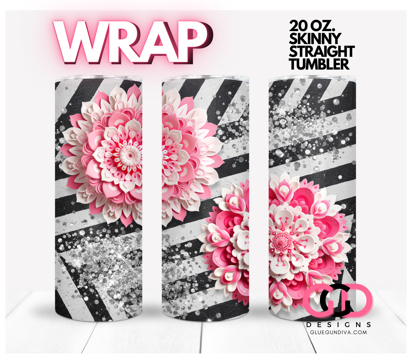 3D Pink Mandalas Silver Glitter- Digital tumbler wrap for 20 oz skinny straight tumbler