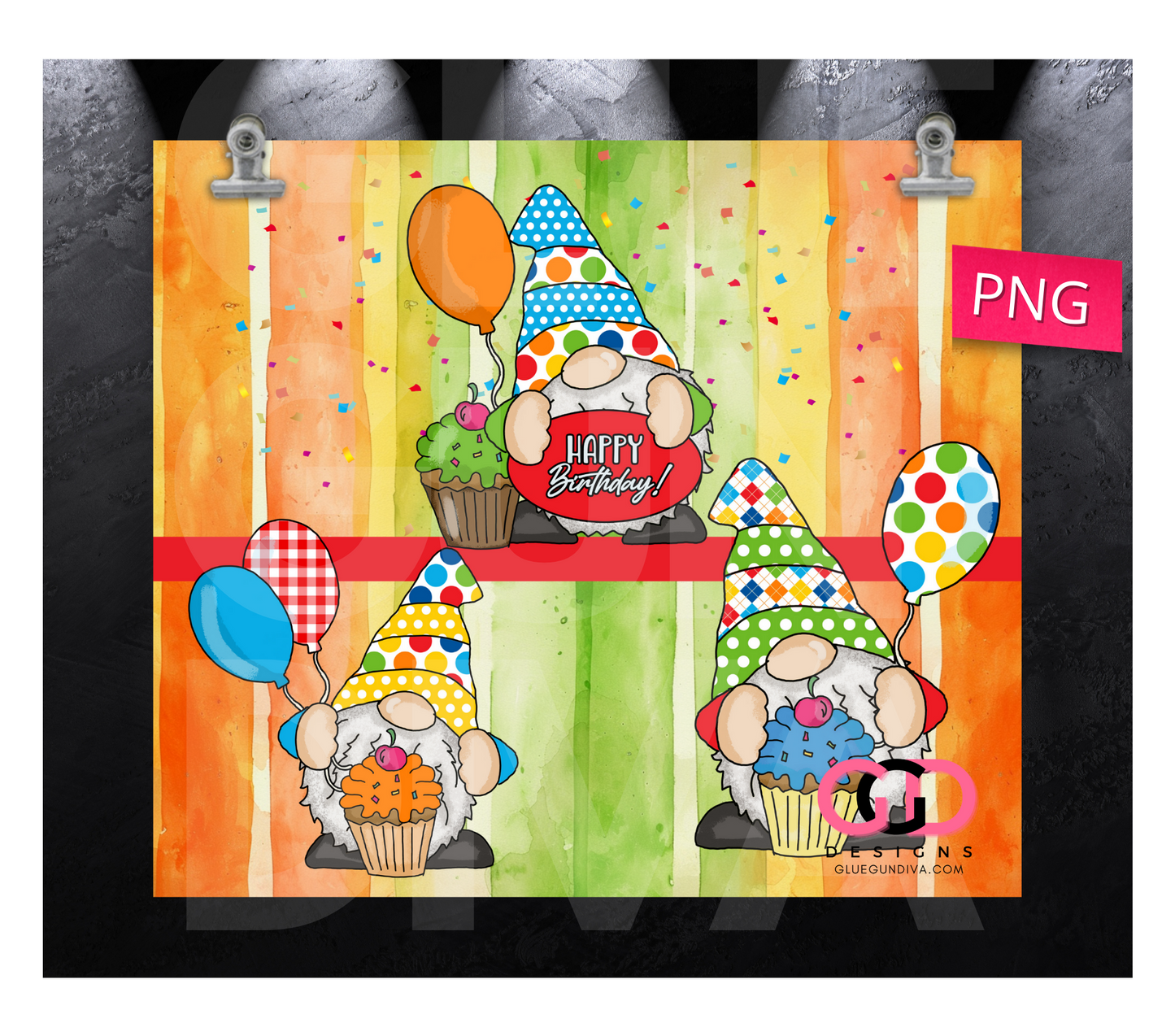 Happy Birthday Gnomes colorful - Digital tumbler wrap for 20 oz skinny straight tumbler