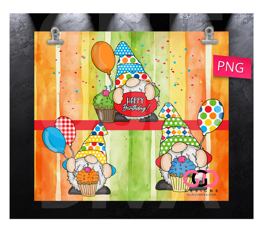 Happy Birthday Gnomes colorful - Digital tumbler wrap for 20 oz skinny straight tumbler