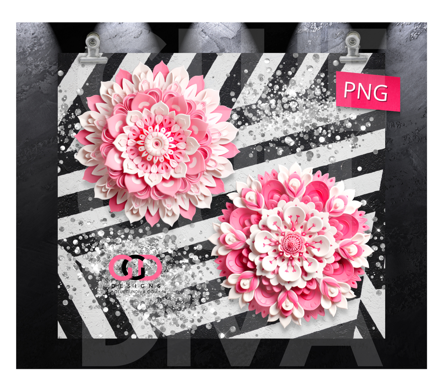 3D Pink Mandalas Silver Glitter- Digital tumbler wrap for 20 oz skinny straight tumbler