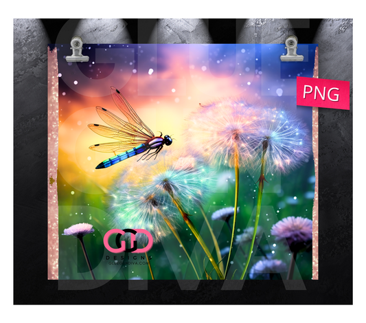 Dragonfly and Dandelions- Digital tumbler wrap for 20 oz skinny straight tumbler