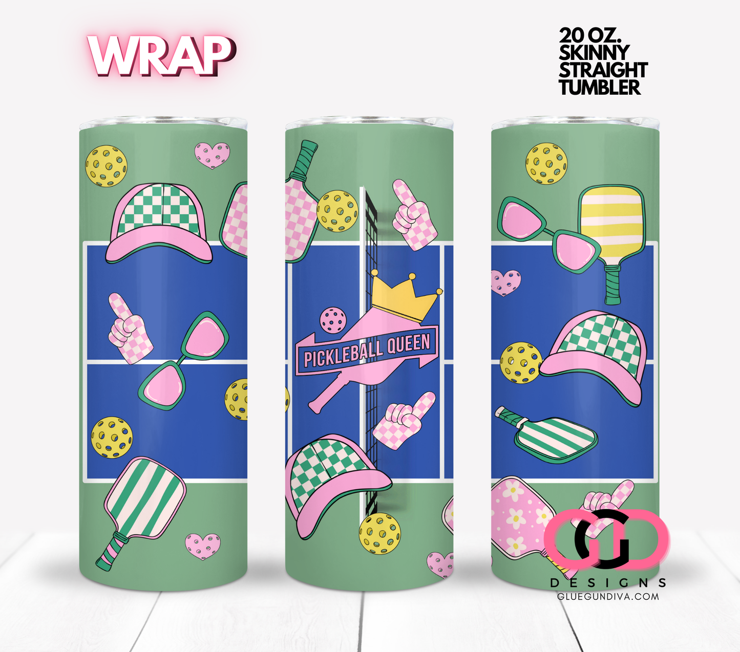 Pickleball Queen- Digital tumbler wrap for 20 oz skinny straight tumbler