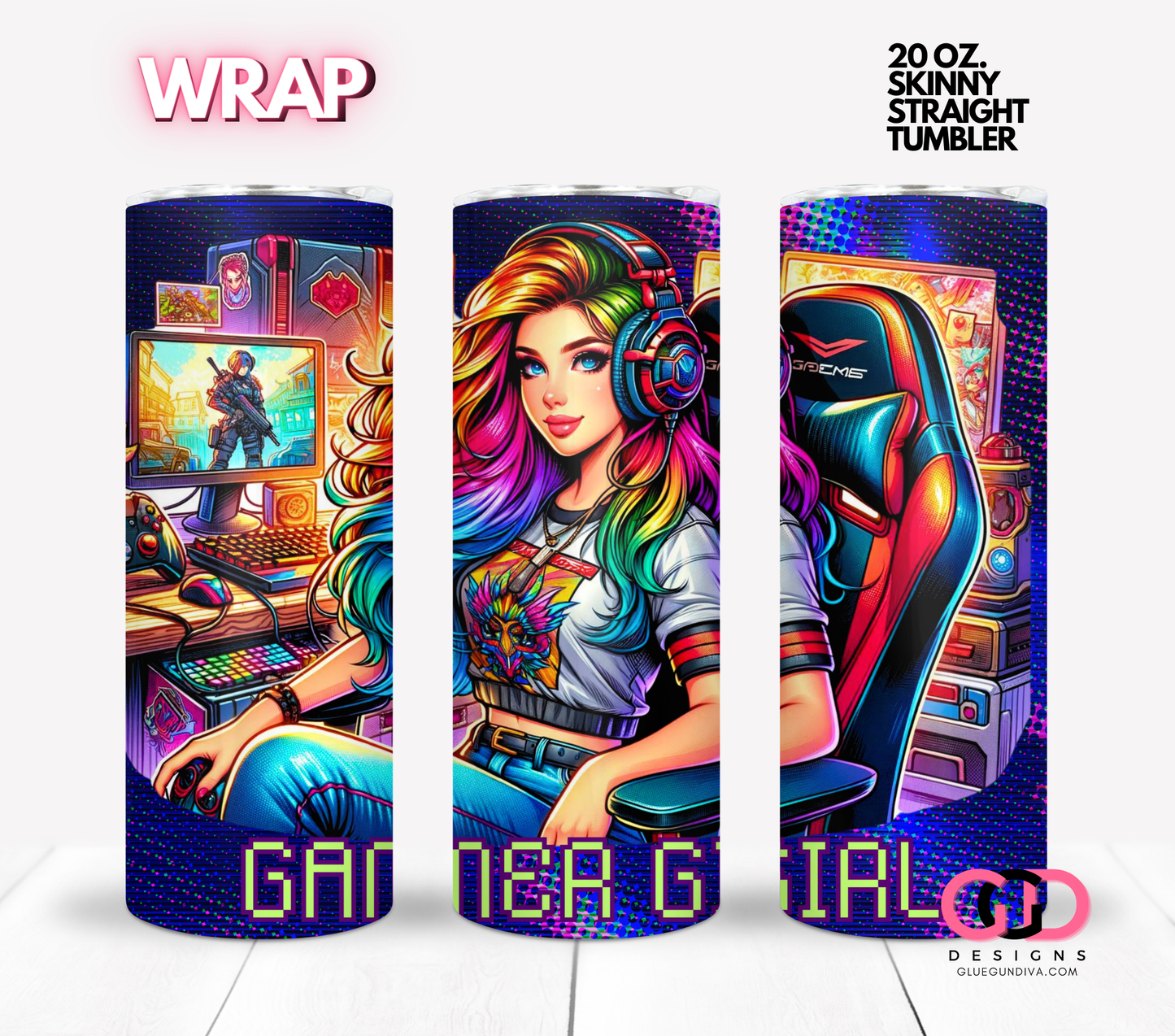 Gamer Girl 2 - Digital tumbler wrap for 20 oz skinny straight tumbler