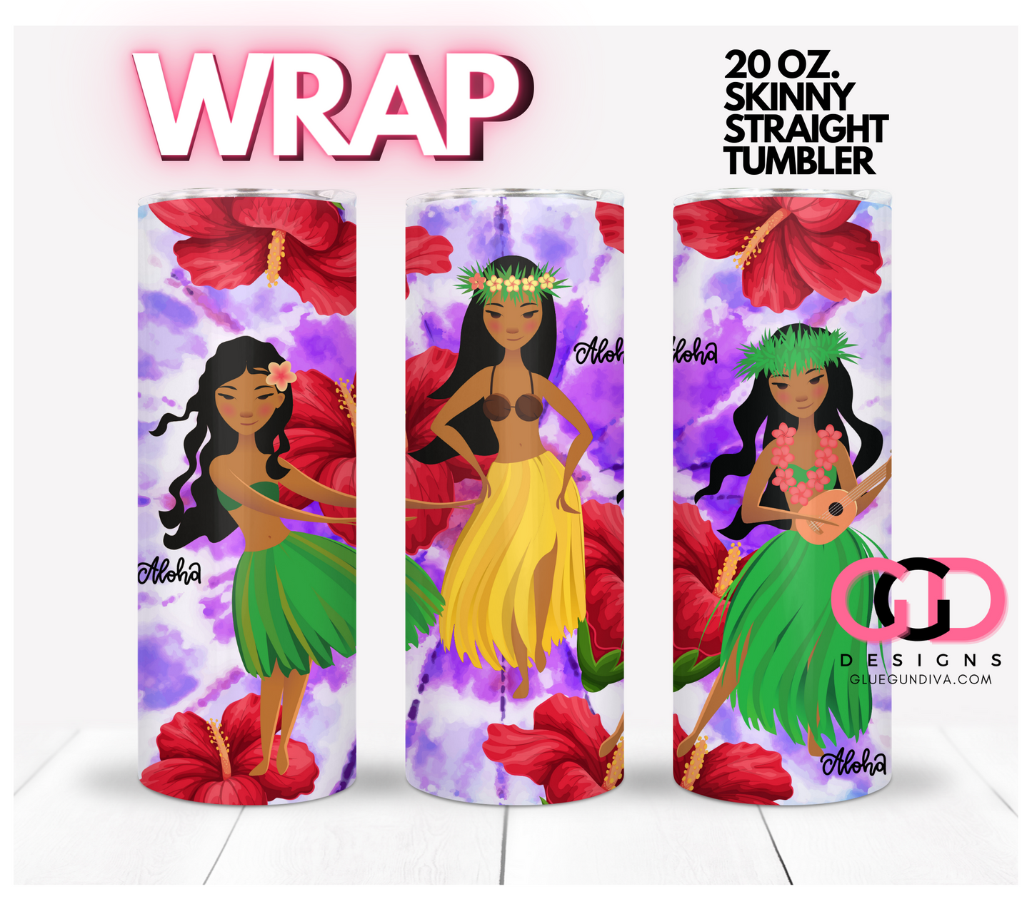 Aloha Hula Dancers - Digital tumbler wrap for 20 oz skinny straight tumbler