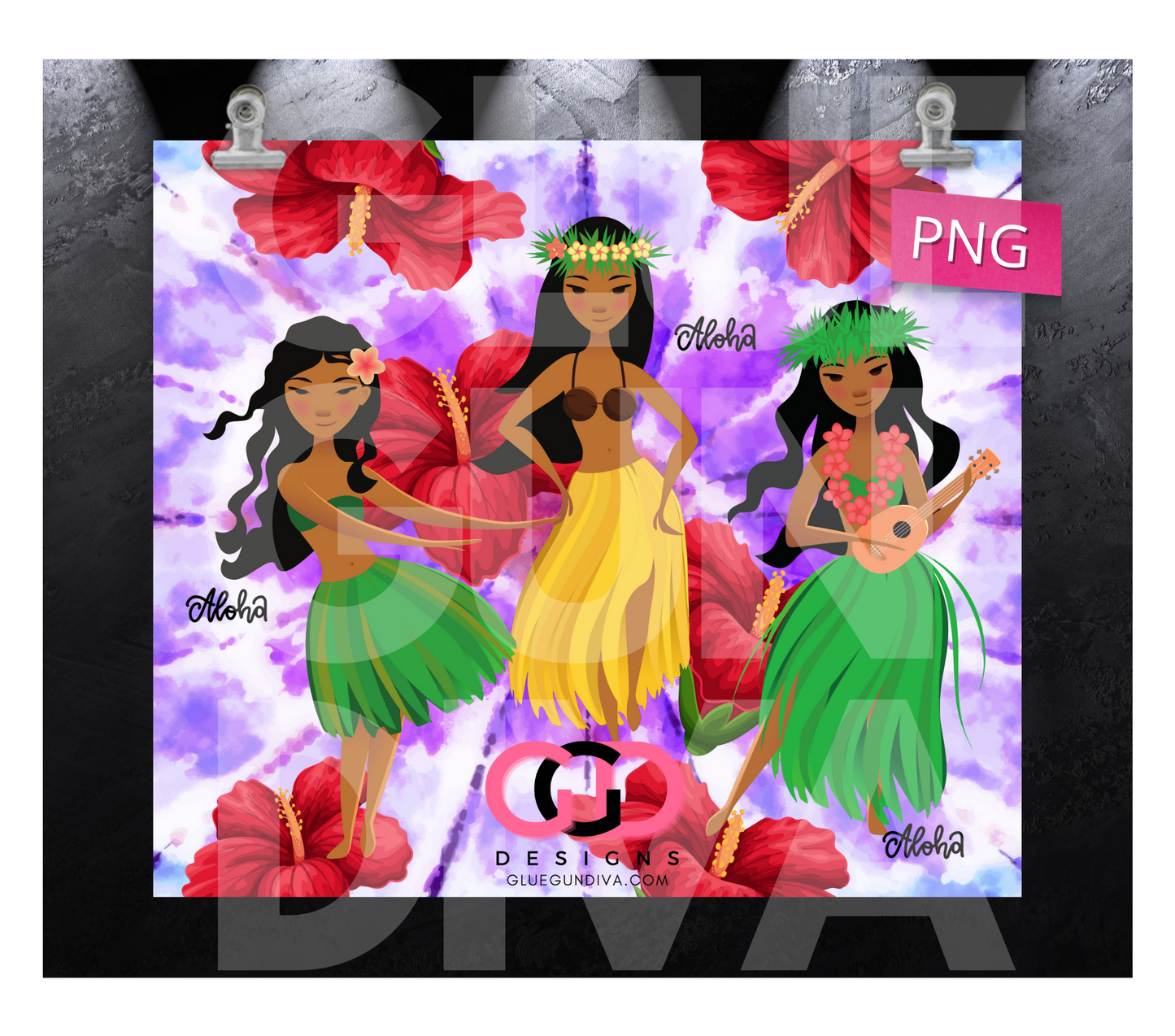 Aloha Hula Dancers - Digital tumbler wrap for 20 oz skinny straight tumbler
