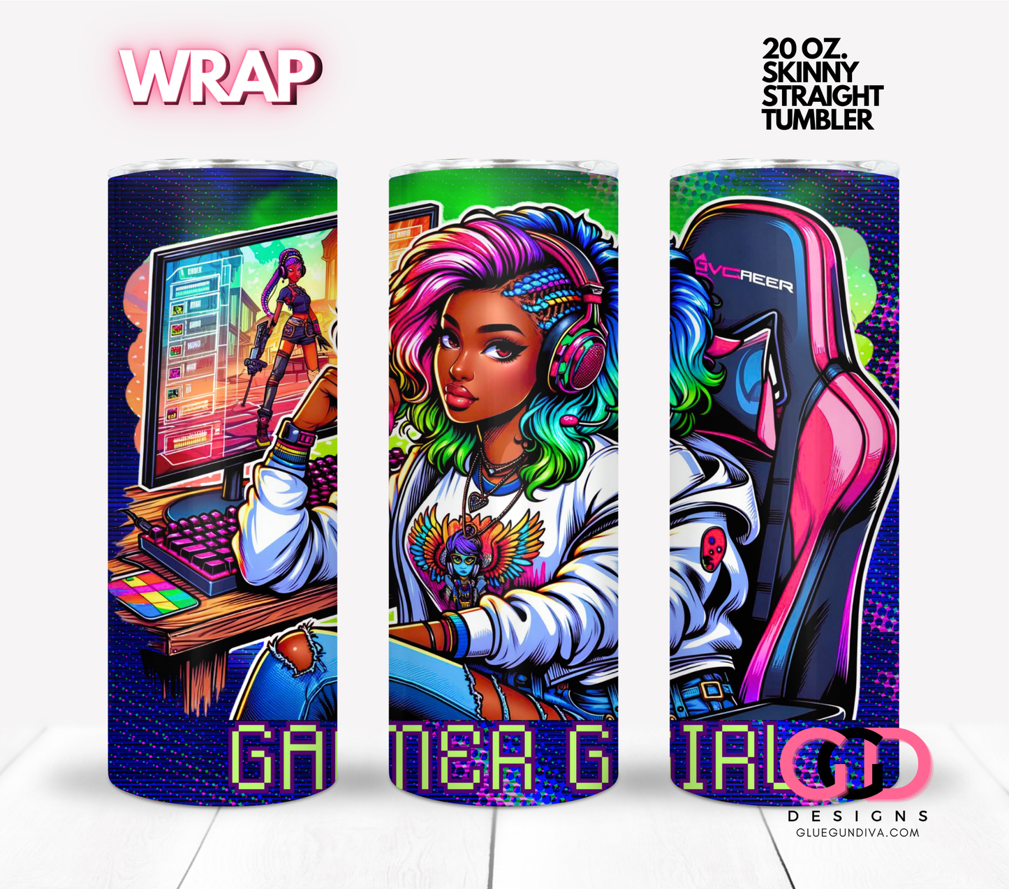 Gamer Girl 1 - Digital tumbler wrap for 20 oz skinny straight tumbler