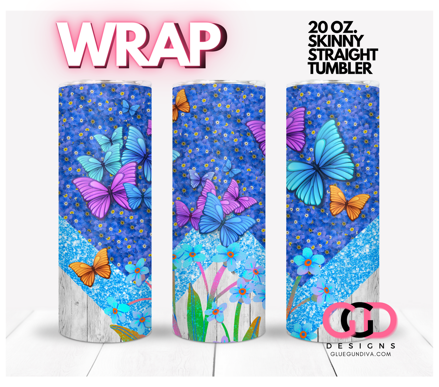 Forget me Nots and Butterflies- Digital tumbler wrap for 20 oz skinny straight tumbler