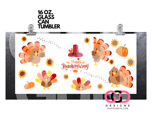 Happy thanksgiving turkeys- Digital wrap for 16 oz glass can