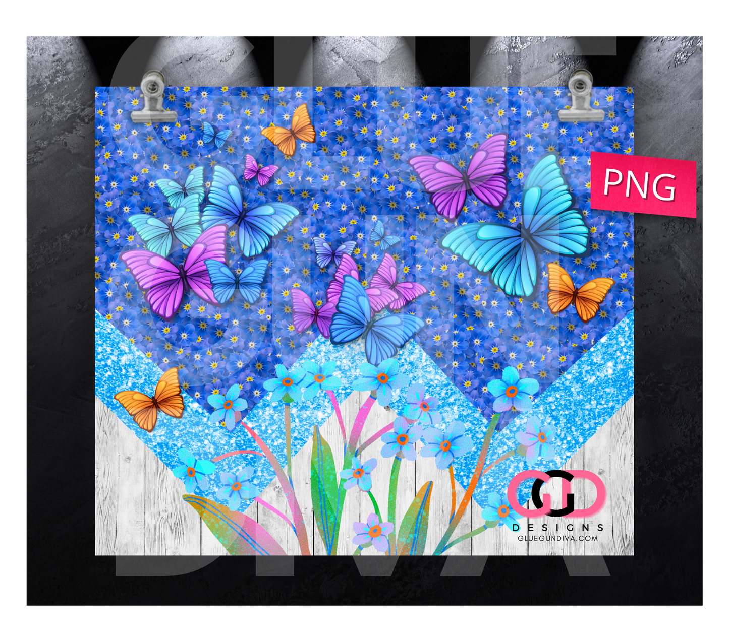 Forget me Nots and Butterflies- Digital tumbler wrap for 20 oz skinny straight tumbler