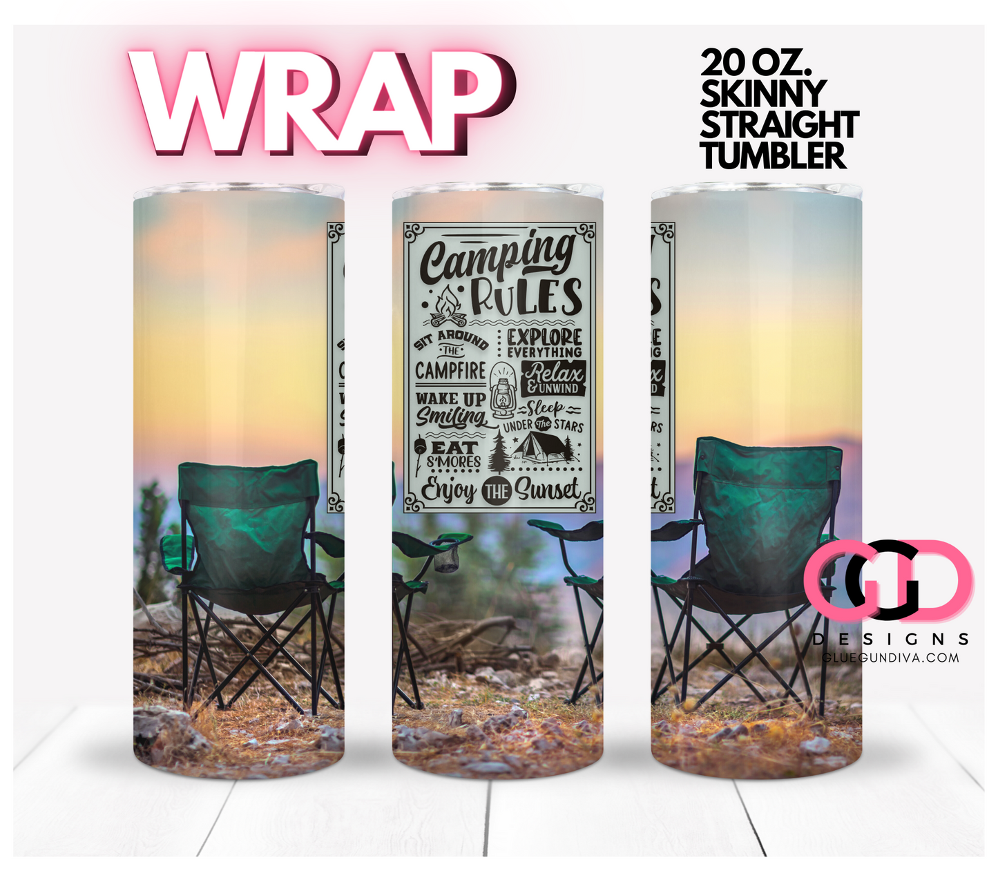 Camping Rules - Digital tumbler wrap for 20 oz skinny straight tumbler