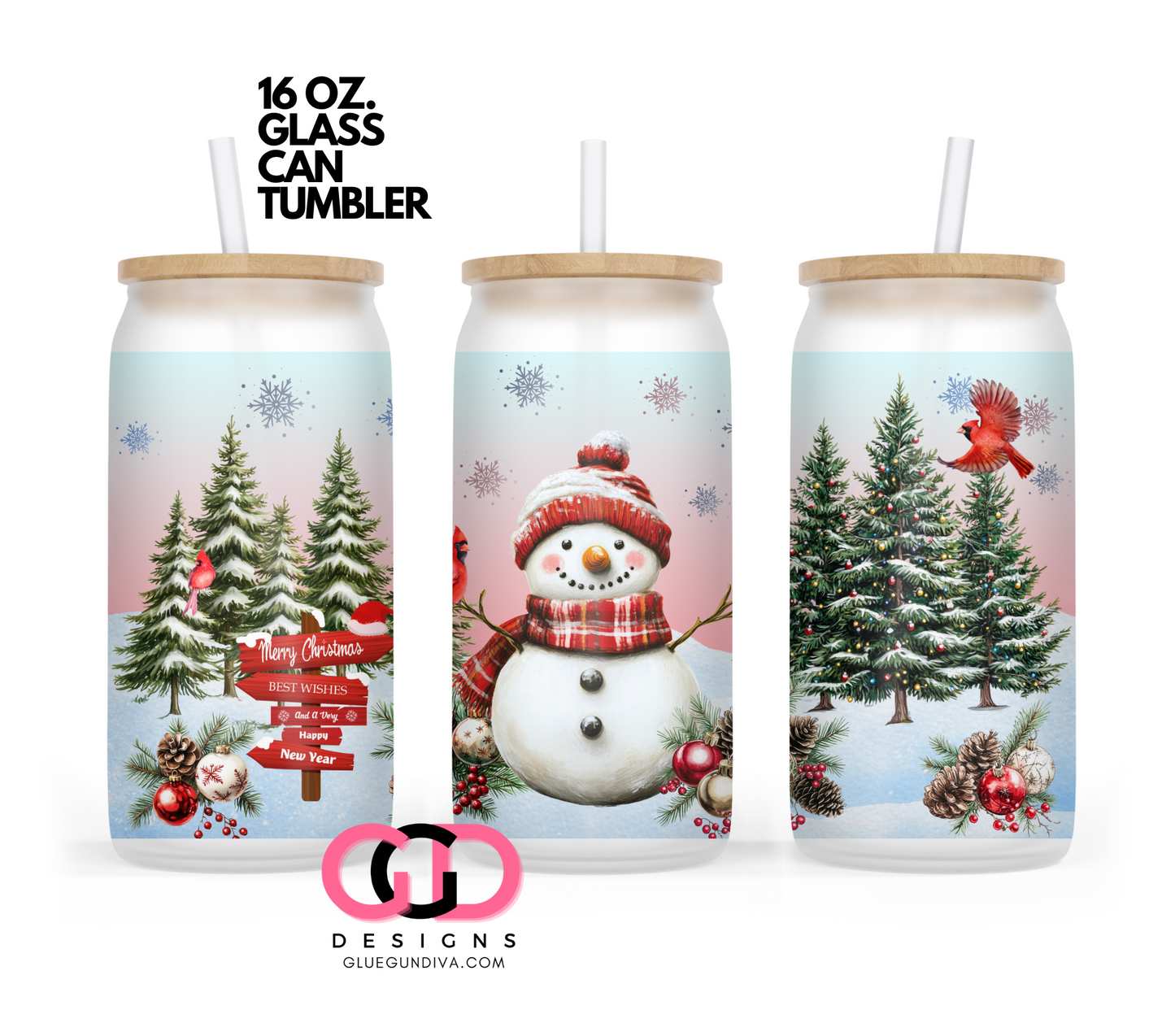 Christmas Snowman Forest- Digital wrap for 16 oz glass can