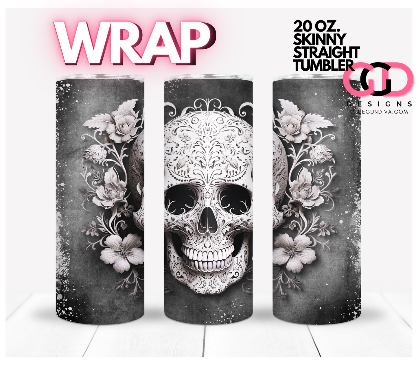 White Lace Carved Skull- Digital tumbler wrap for 20 oz skinny straight tumbler