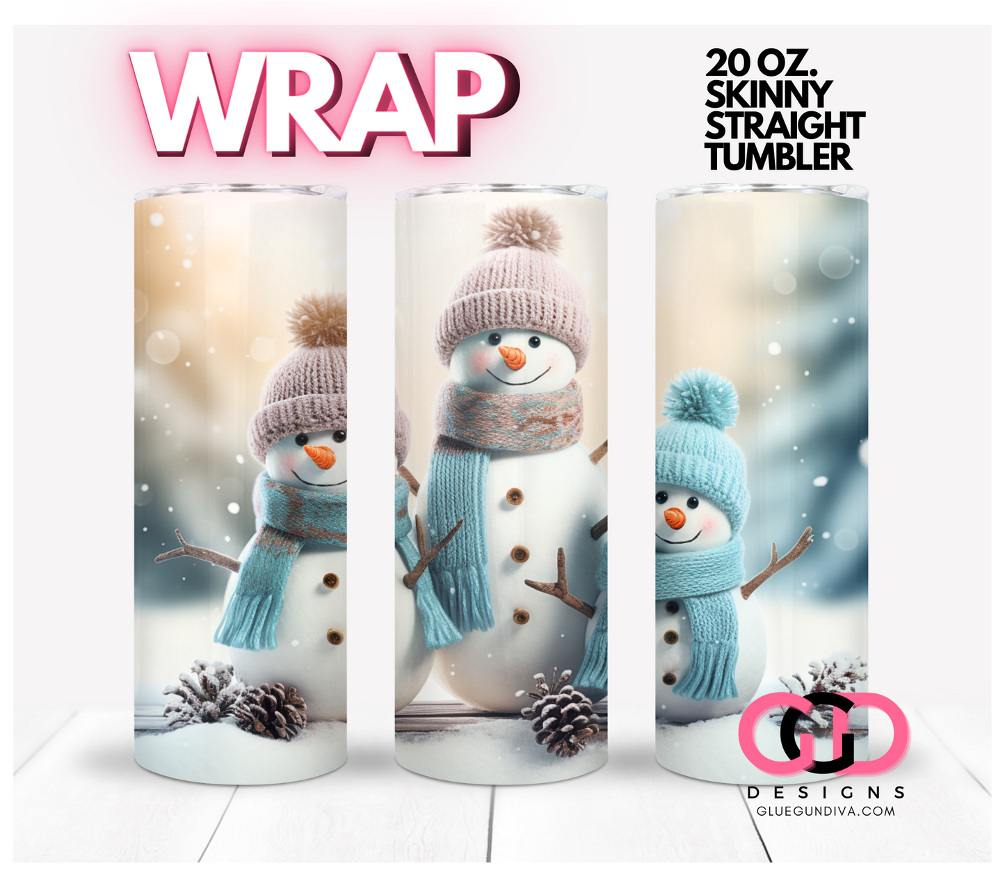 Adorable Snowman Trio- Digital tumbler wrap for 20 oz skinny straight tumbler