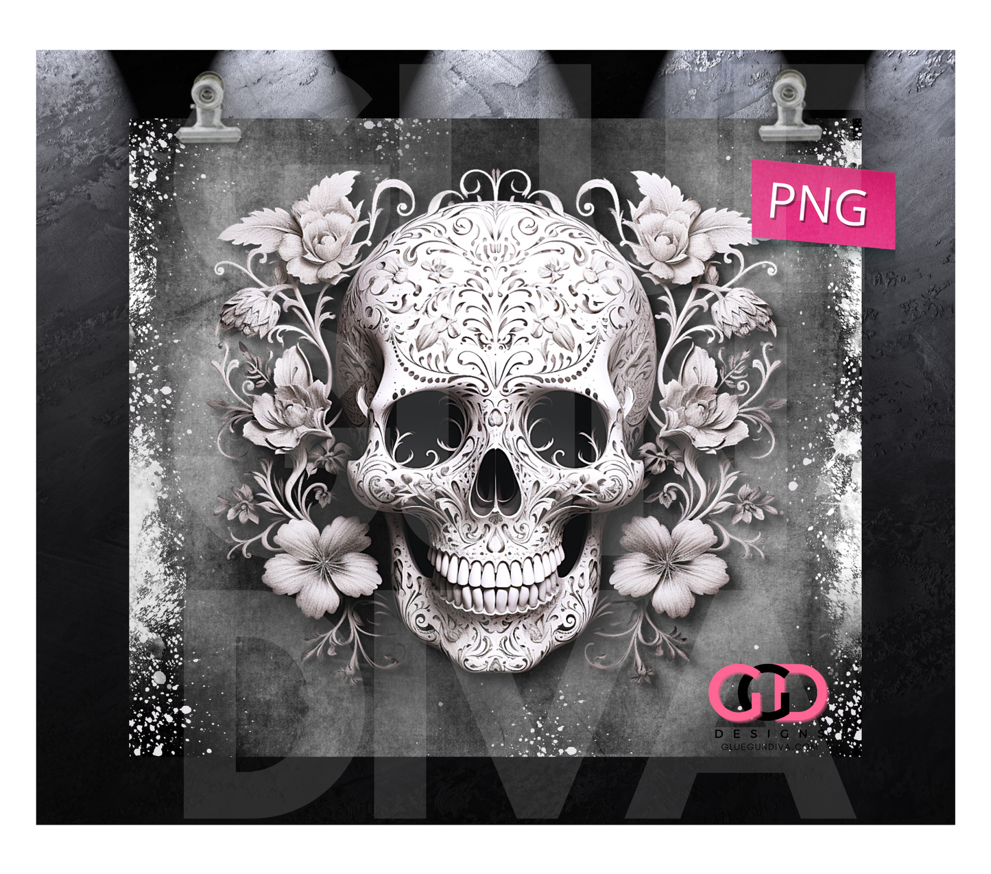 White Lace Carved Skull- Digital tumbler wrap for 20 oz skinny straight tumbler