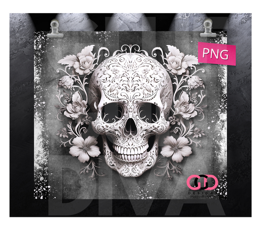 White Lace Carved Skull- Digital tumbler wrap for 20 oz skinny straight tumbler